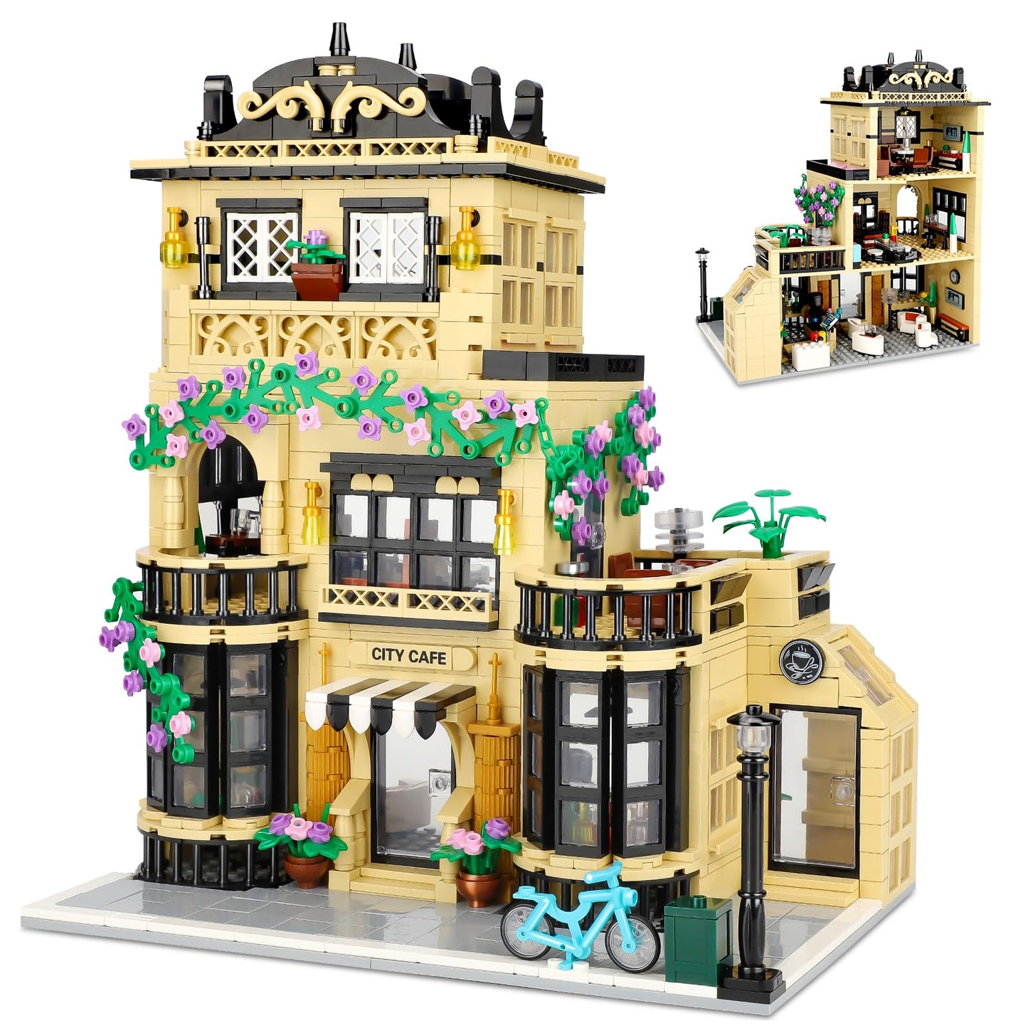 City Coffee Shop Building Blocks Set  Compatible with Lego  Modular Architecture Three-Story House Building Blocks for mature-themed (1443pcs)
