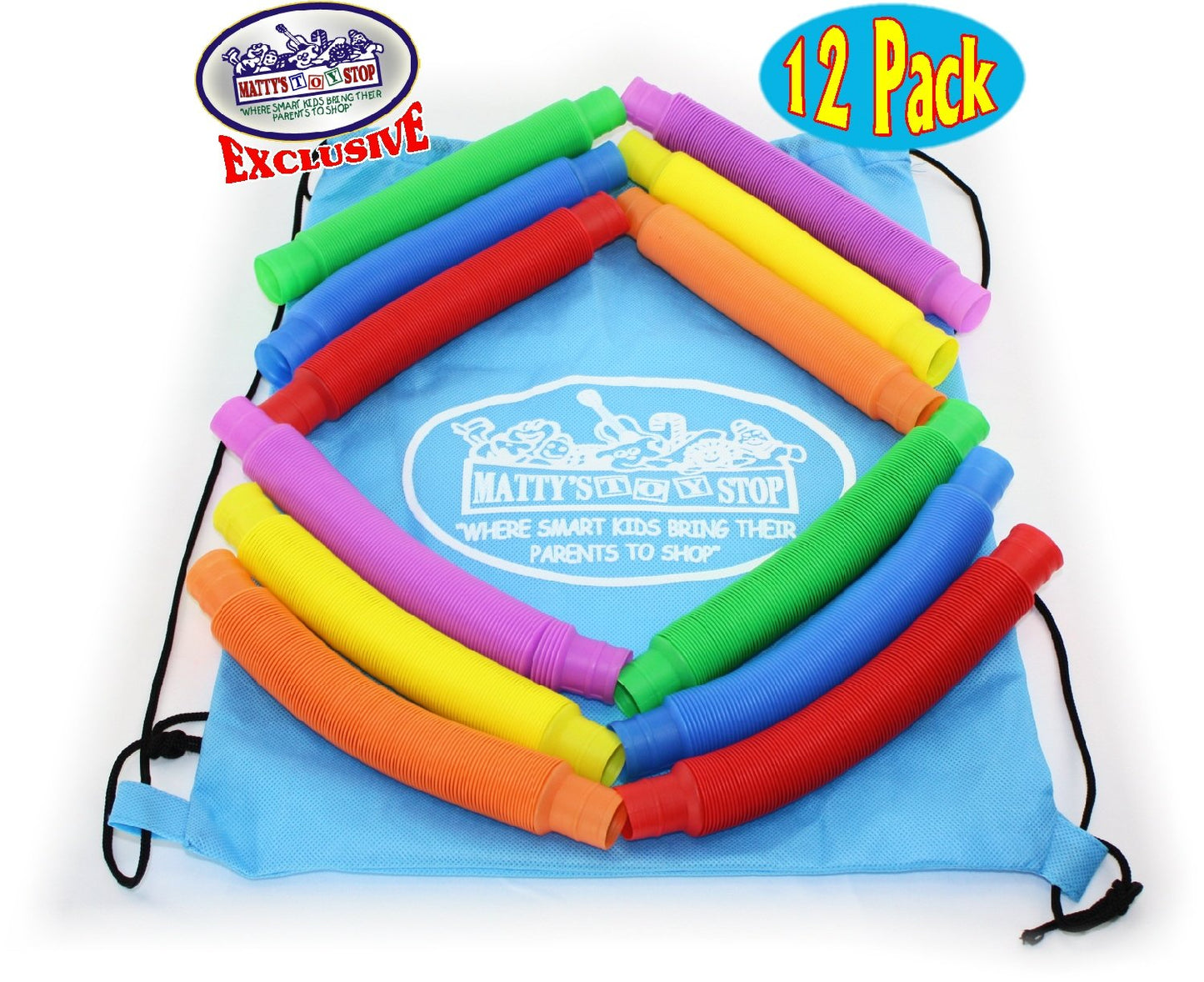 Matty's Toy Stop Pull 'N Pop Multi-Color Tubes (Toobs) with Storage Bag - 12 Pack