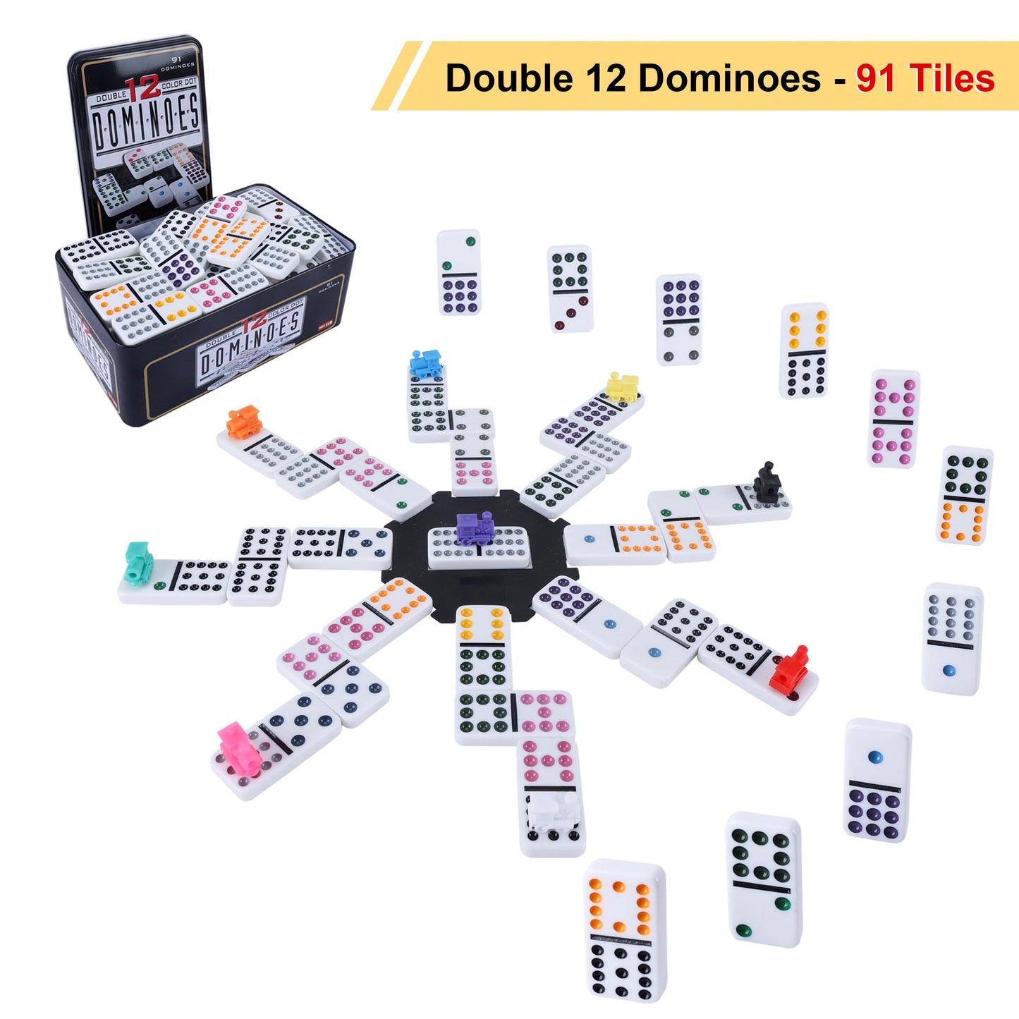 Gonoelec Double 12 Mexican Train Dominoes Set - 91 Color Dot Tiles, 8 Wooden Trays, 9 Train Markers, Classic Family Game