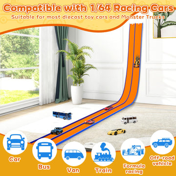 15 Ft Flexible Race Track for Kids - Portable Car Race Track Starter Set with Suction Cups  Rolls Up Easy  Compatible with 1/64 Diecast Cars  Birthday Gift for Boys & Girls Ages 3+ (Orange&Blue)