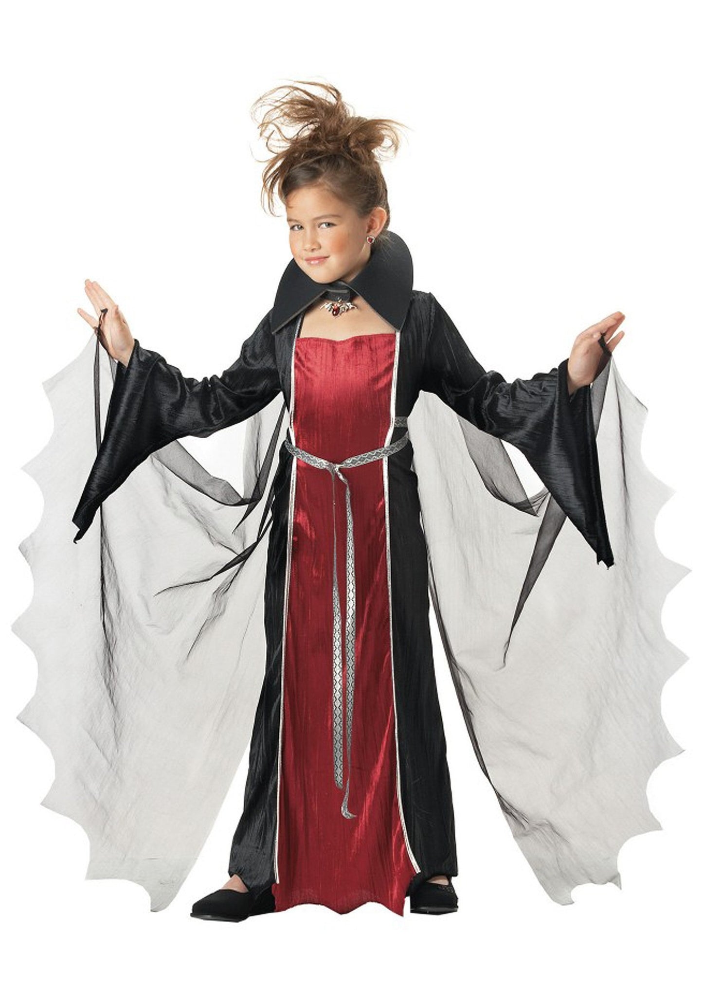 Girls Vampire Halloween Costume ? Gothic Outfit With Velvet Dress, Mesh Wings & Stand-Up Collar Large (10-12)