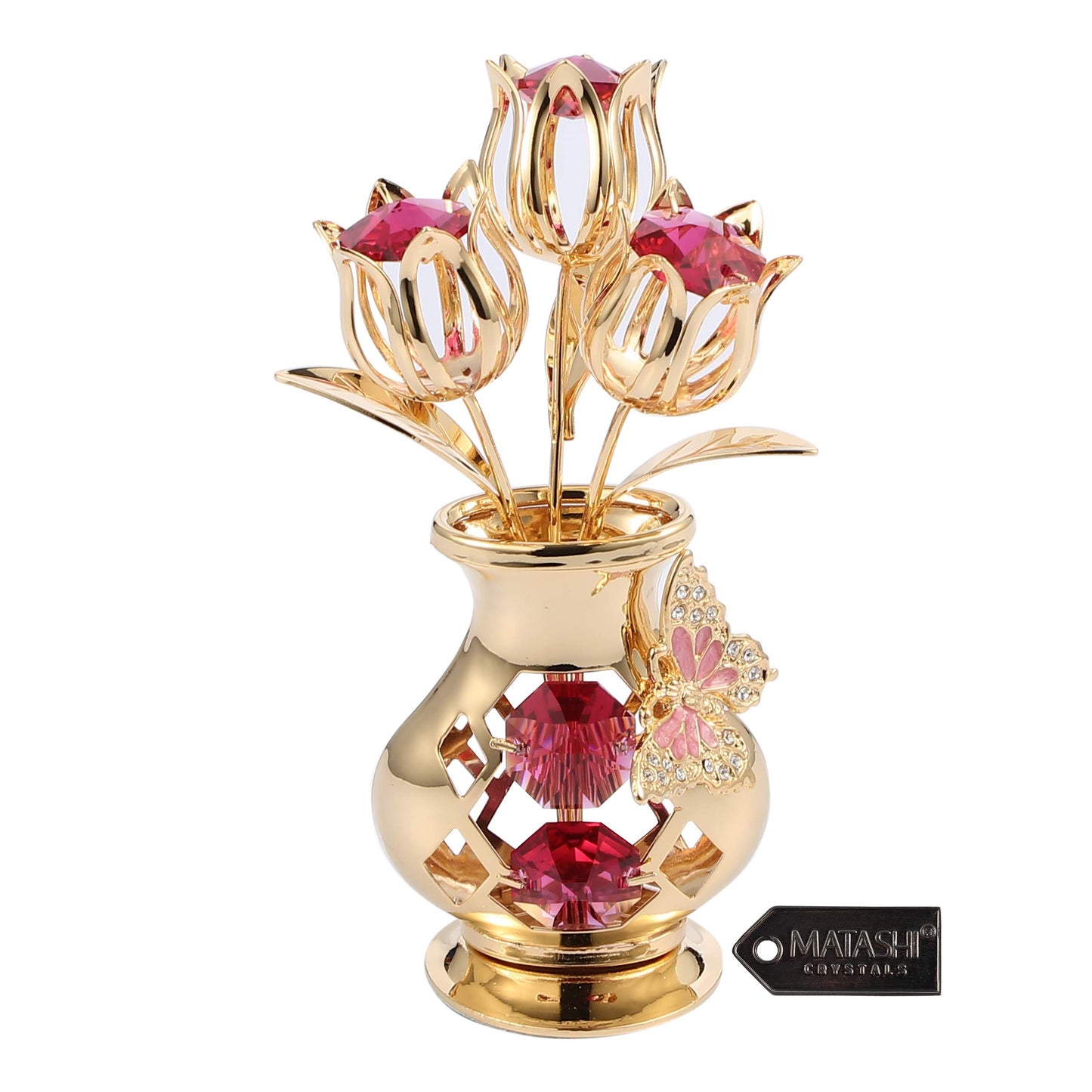 Matashi Valentine'S Day Gift For Women, Mom - Flower Bouquet Vase With Decorative Butterfly 24K Gold Plated Red Crystal Tabletop Ornament For Her, Wife, Daughter, Grandma