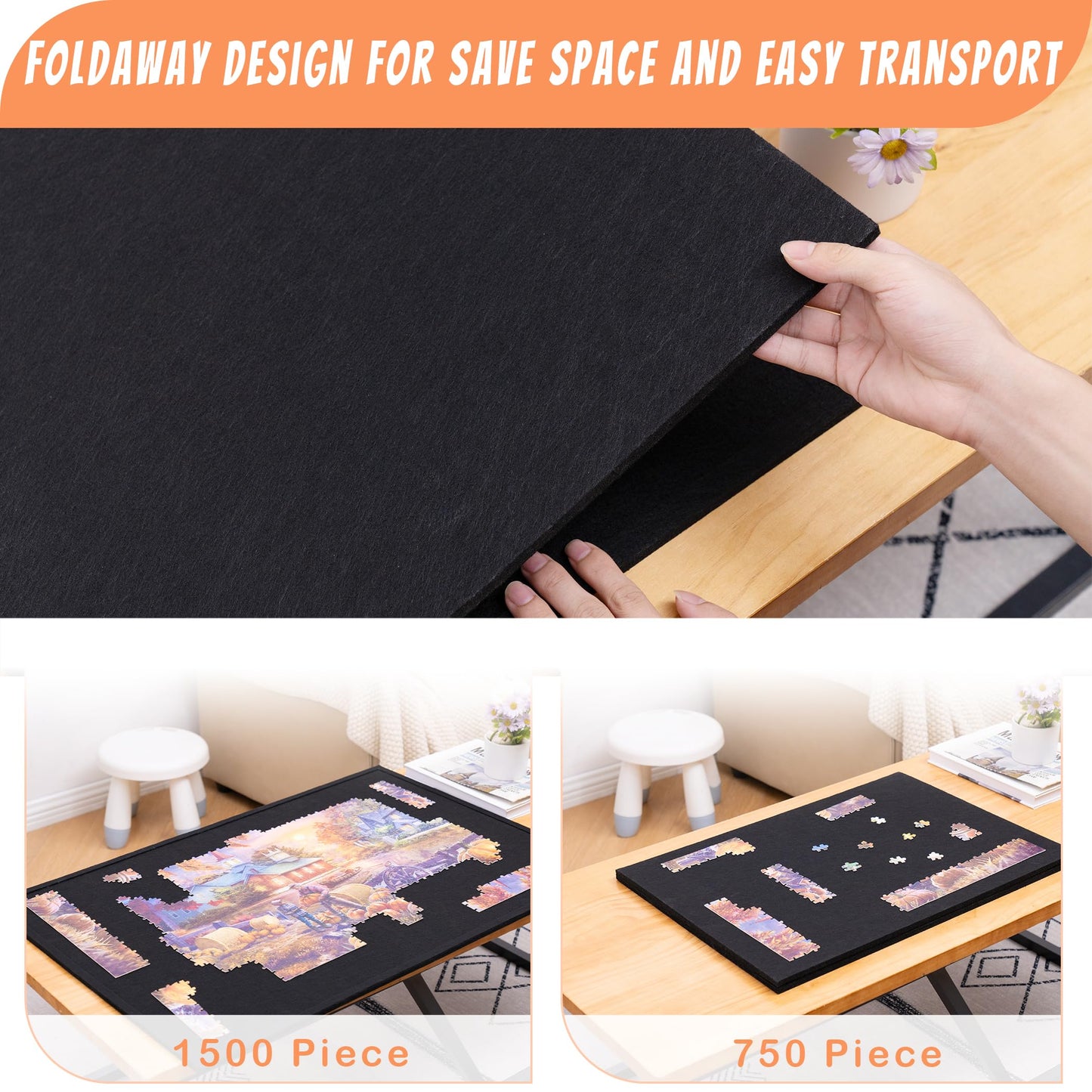 Tektalk Foldable Jigsaw Puzzle Board With 4 Angle Adjustable Bracket/Stand, Lightweight Portable Puzzle Mat Plateau With Wooden Easel, Foldaway Felt Puzzle Table, For Up To 1500 Pieces (Black)