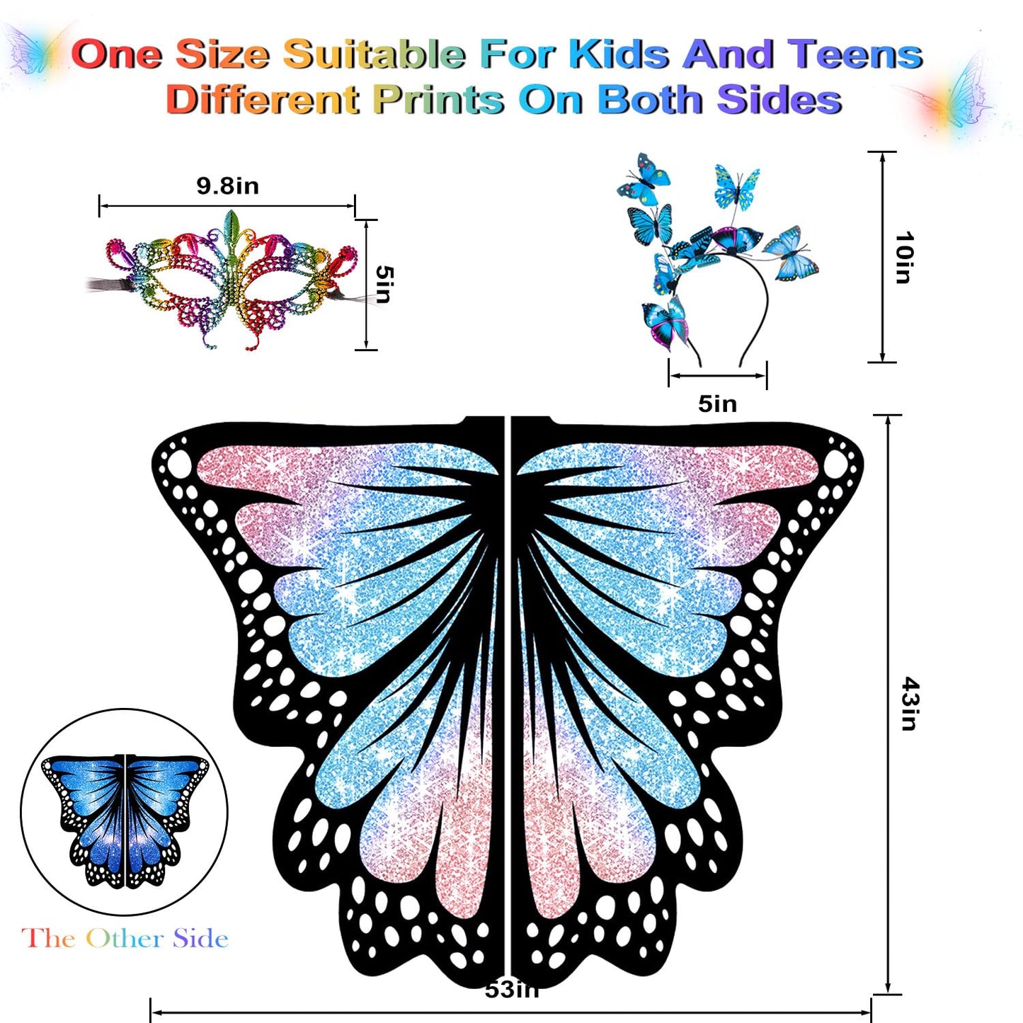 LYL. Ling Halloween Costumes for Kids  Double-Sided Butterfly Wings  Butterfly Costume for Girls  3PCS Blue Fairy Wings Set.