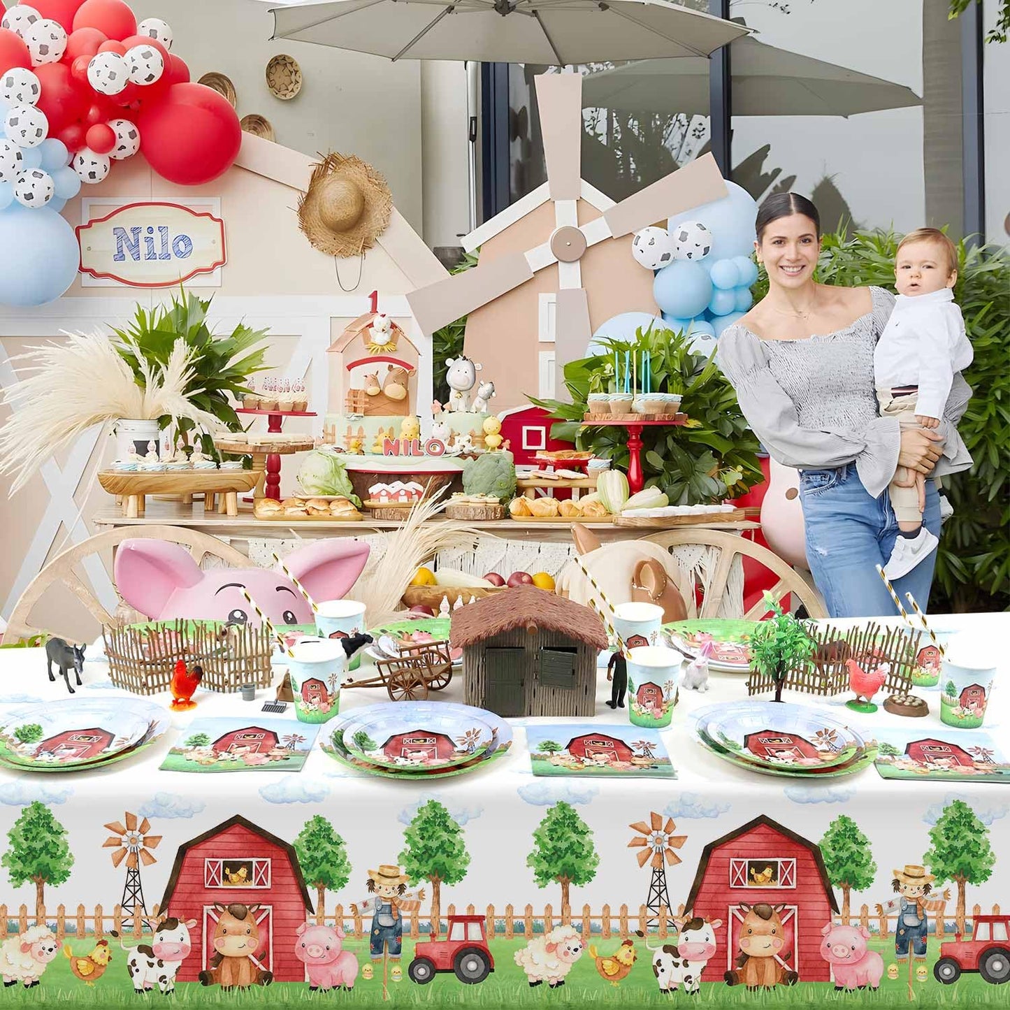 Heboland 3 Pieces Farm Animal Birthday Party Supplies Tablecloth, Large Size 54 x 108 Inch Rectangular Plastic Table Cover, Barn