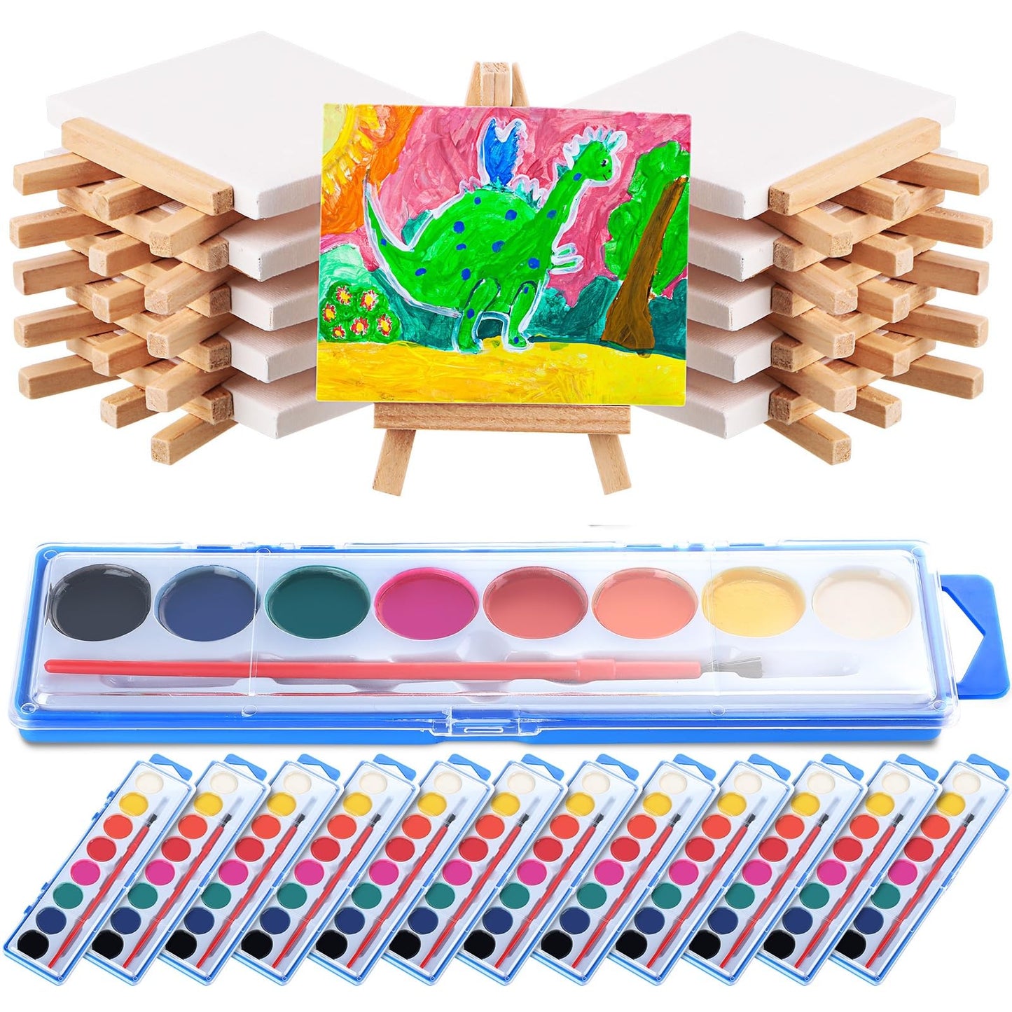 Fuutreo 24 Pcs Watercolor Paint Sets 3x4 Mini Canvas Easel Paints Brush Set Art Party Favors and Party Supplies Watercolor Paint