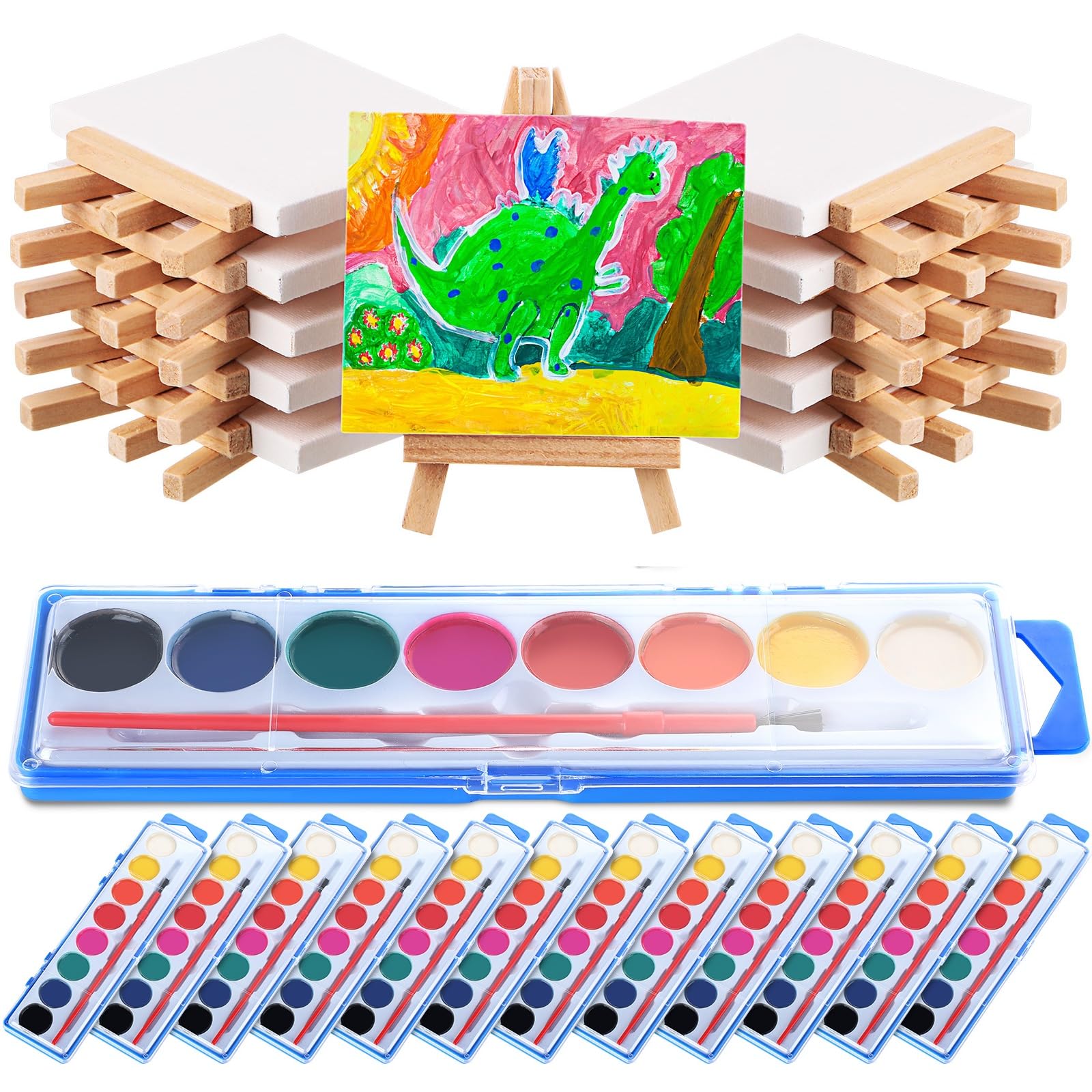 Fuutreo 24 Pcs Watercolor Paint Sets 3x4 Mini Canvas Easel Paints Brush Set Art Party Favors and Party Supplies Watercolor Paint
