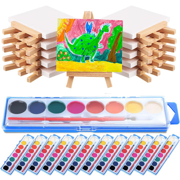 Fuutreo 24 Pcs Watercolor Paint Sets 3x4 Mini Canvas Easel Paints Brush Set Art Party Favors and Party Supplies Watercolor Paint