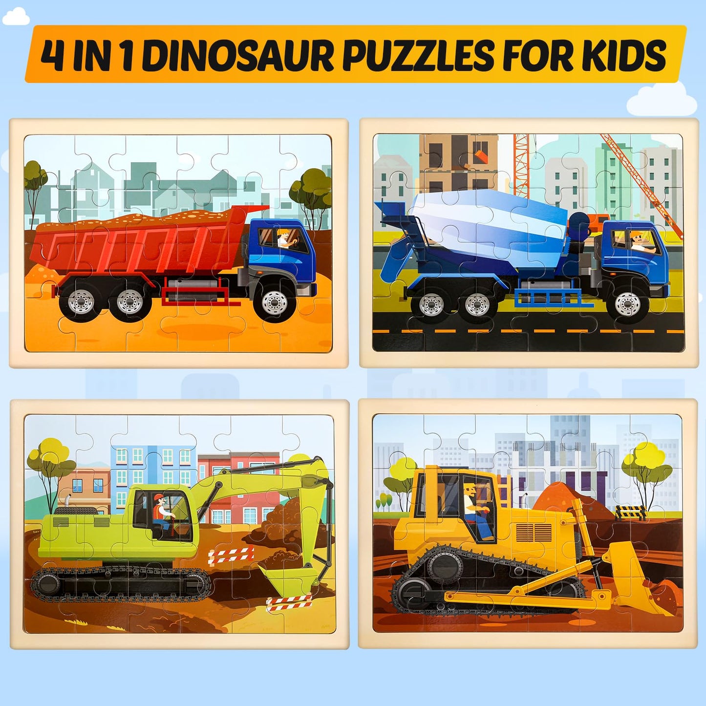 Wooden Vehicle Puzzles For Kids Age 3 4 5 Year Old, 4 Pack 24 Pcs Montessori Toddler Jigsaw Puzzles For Girl Boy Activities Pres