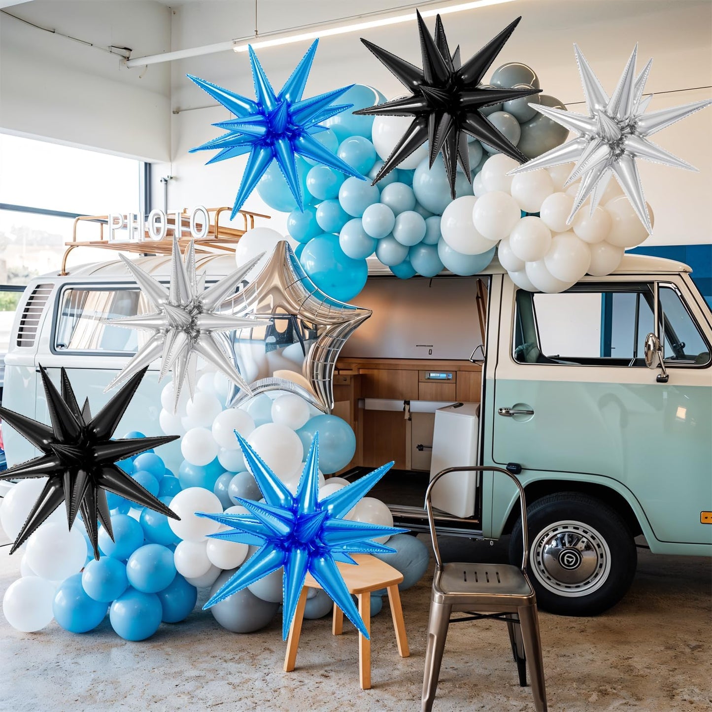 6PCS Star Balloons, 22Inch Large Black Blue Silver Star Balloon Explosion Foil Balloons Cone Spike Balloon for Birthday Graduati
