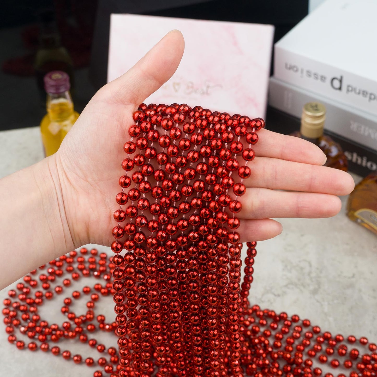 SHAOQINLIN 24 Pcs 33 Inch 7 mm Metallic Red Bead Necklace, Mardi Gras Party Beaded Necklace 4th of July Round Beads Necklace Bul