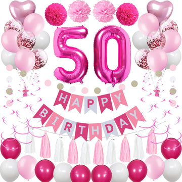 Sweet 50Th Birthday Decorations For Women, Pink And White 50 Happy Birthday Balloons, 50Th Birthday Party Supplies Including Pin