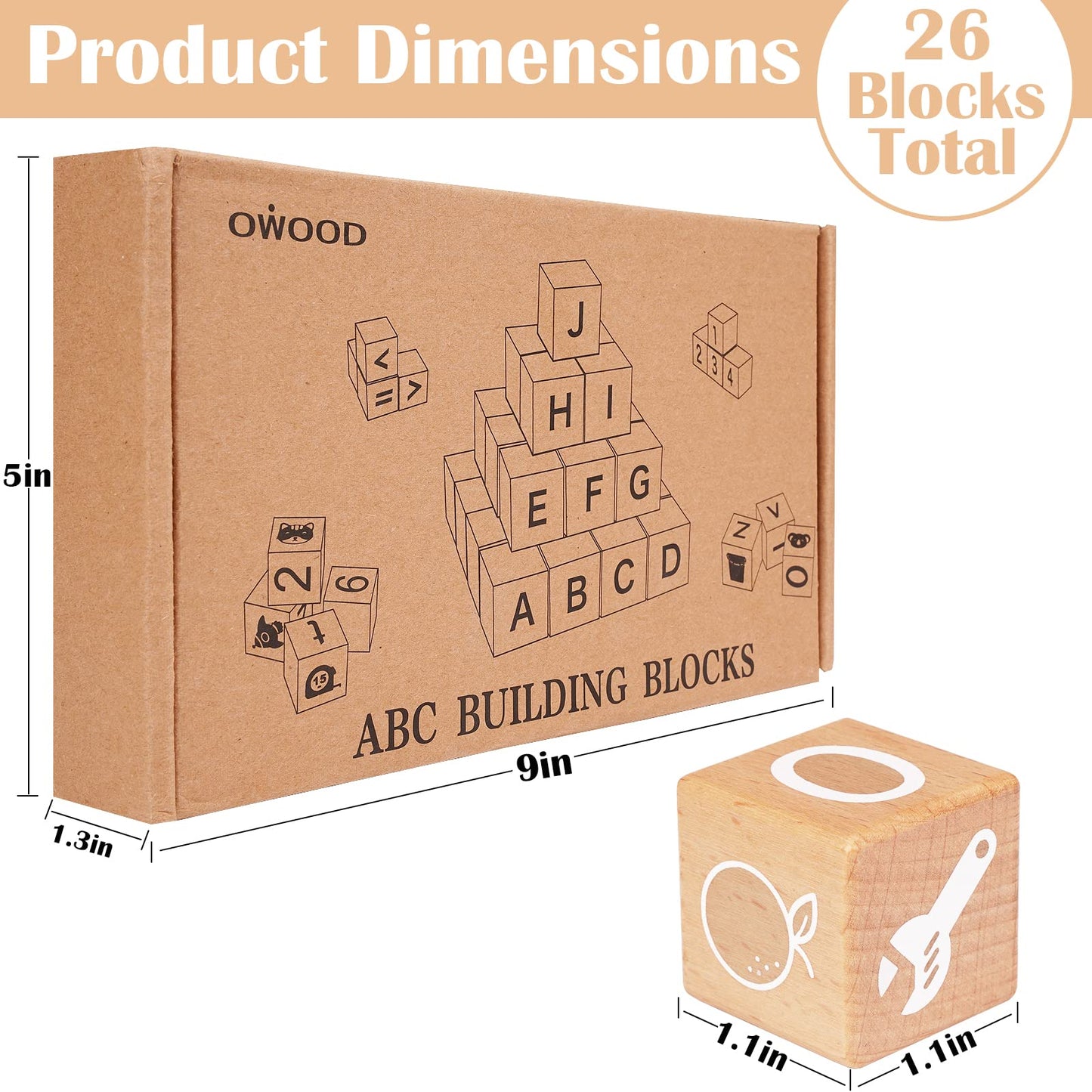 Axearte Alphabet Letters Stacking Blocks, 26 Wooden Abc Building Blocks For Toddlers, Number, Animals Icons On Every Side, Preschool Learning Educational Toys Montessori Sensory Toys For Kids