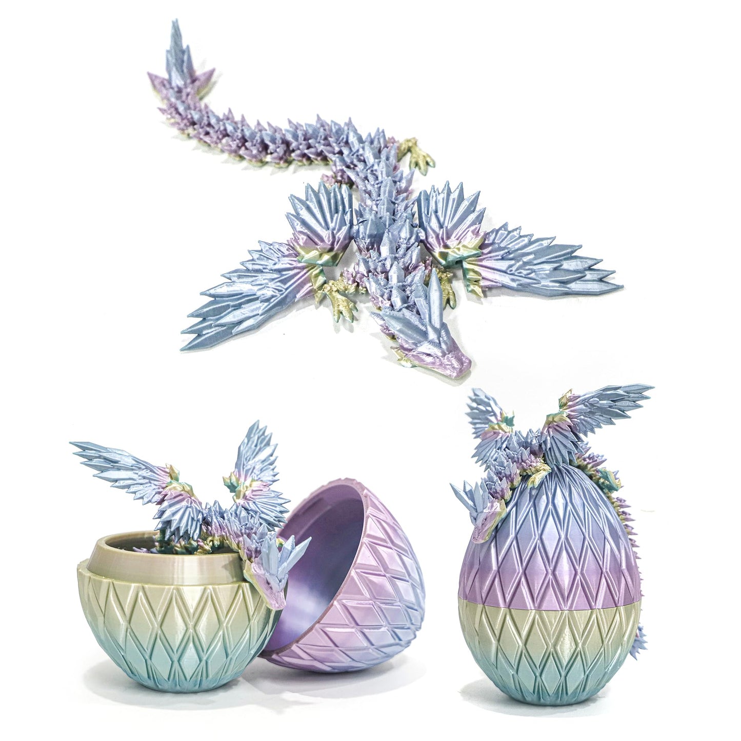 Flavery 3D Printed Flying Dragon Egg - 7" Winged Dragon in Mini Rainbow, PLA Crystal Animal, Model DE-832, Fidget Desk Decoration