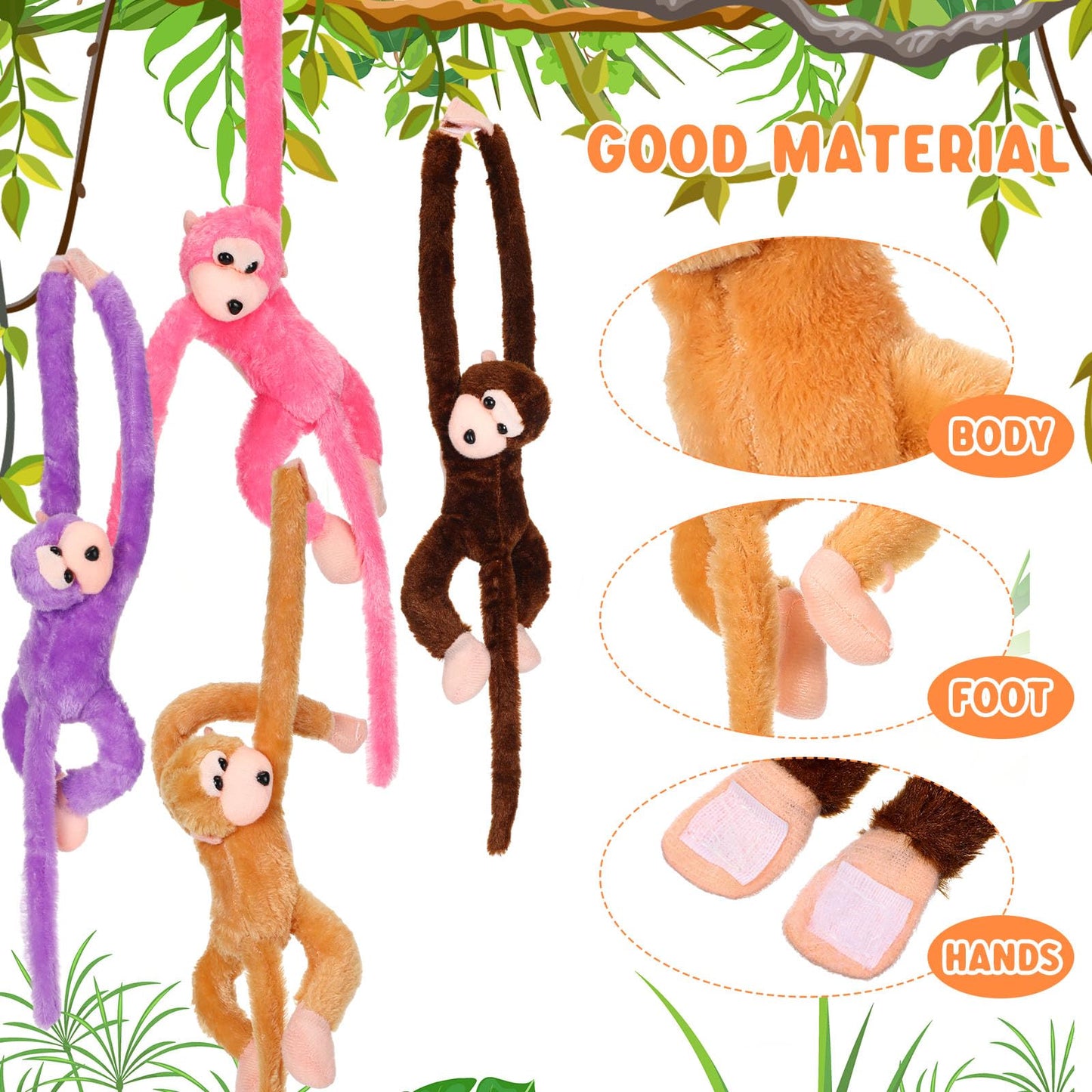 Chivao 8 Packs Stuffed Monkey Hanging Stuffed Animal Plush Monkey Toy with Hook and Loop Fasteners Hands 20 Inch Large Plush Ani