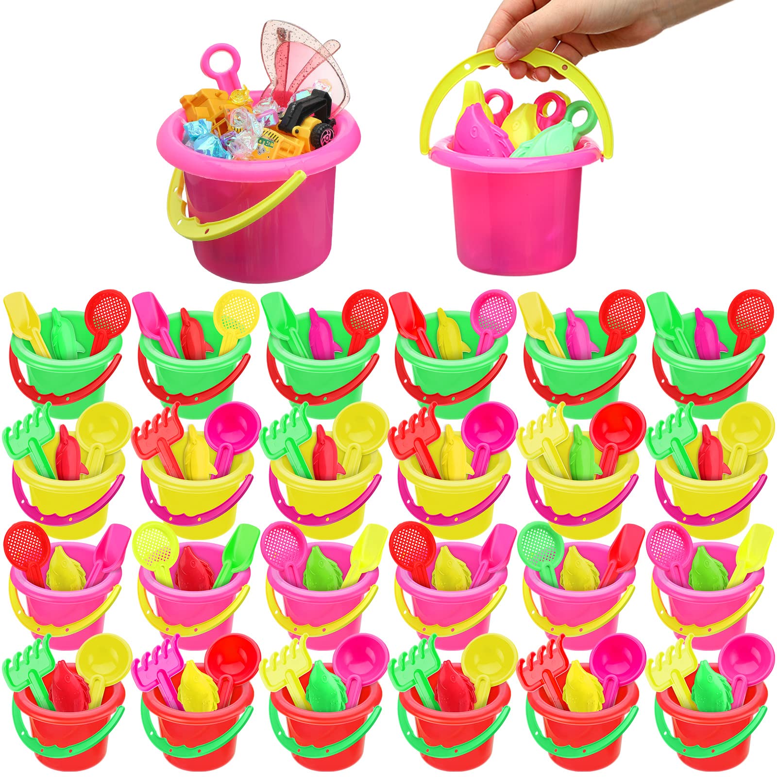 Jexine 96pcs Beach Party Favors for Kid 24 Set Sand Buckets and Shovels for Bucket Party Favor Sand Box Play Set and Mini Beach 