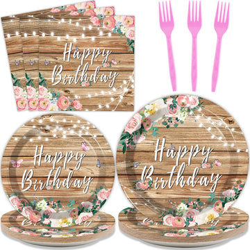 Tevxj 96PCS Spring Pink Floral Birthday Party Plates Wood Grain Flower Rustic Tableware Set for Girls Kids Bridal Shower Party S
