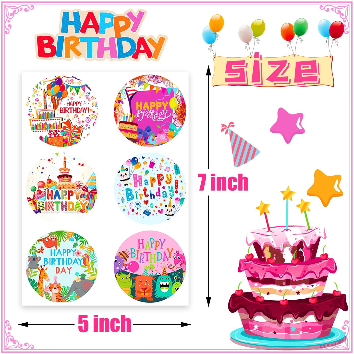 Large Birthday Stickers 24 Sheets Happy Birthday Stickers For Kids Classroom Envelopes Cake Stickers School Birthday Party Favors Suppies