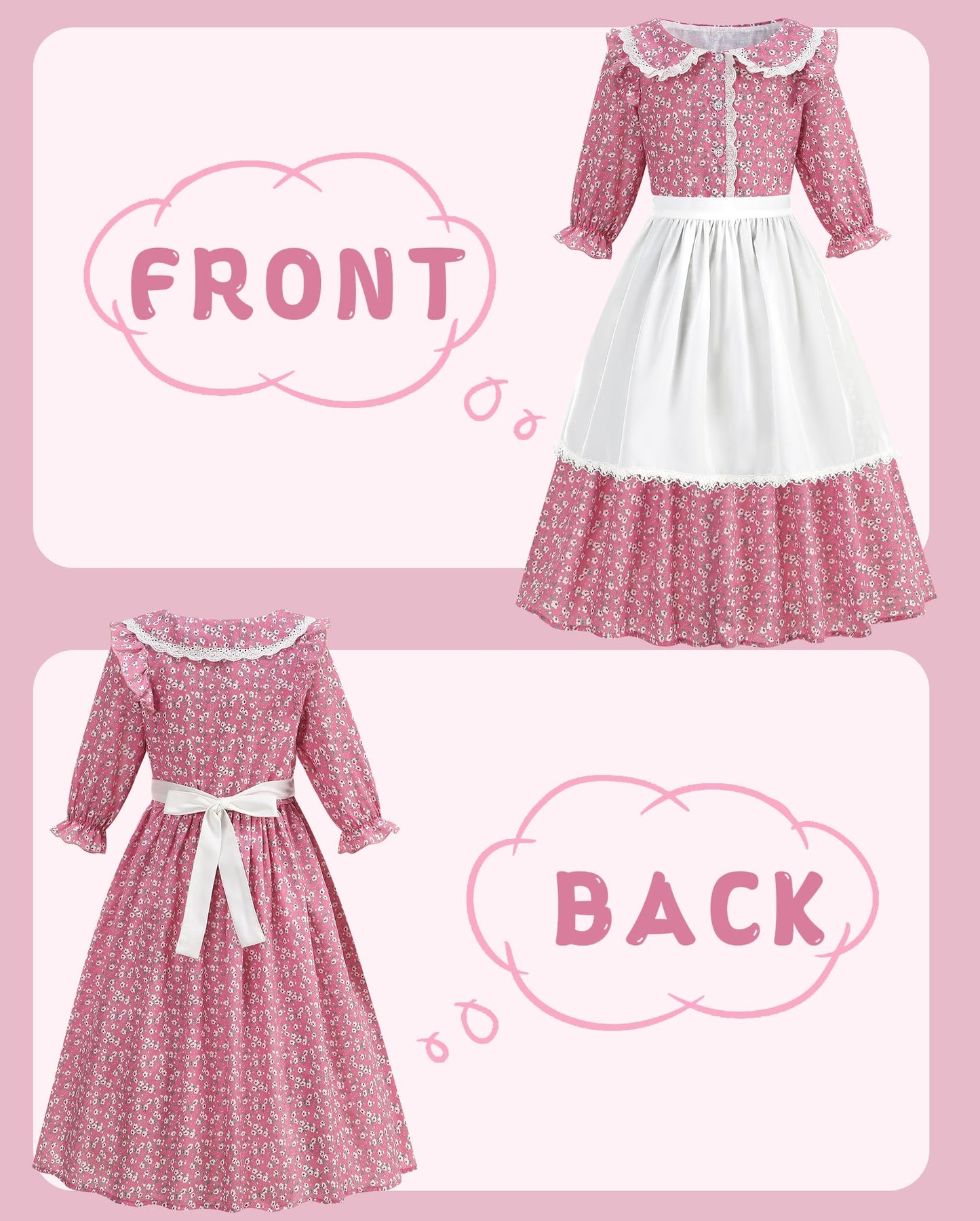 Aoiviss Girls Pioneer Costume Floral Colonial Prairie Dress for Little Kids with Apron and Bonnet, Pink
