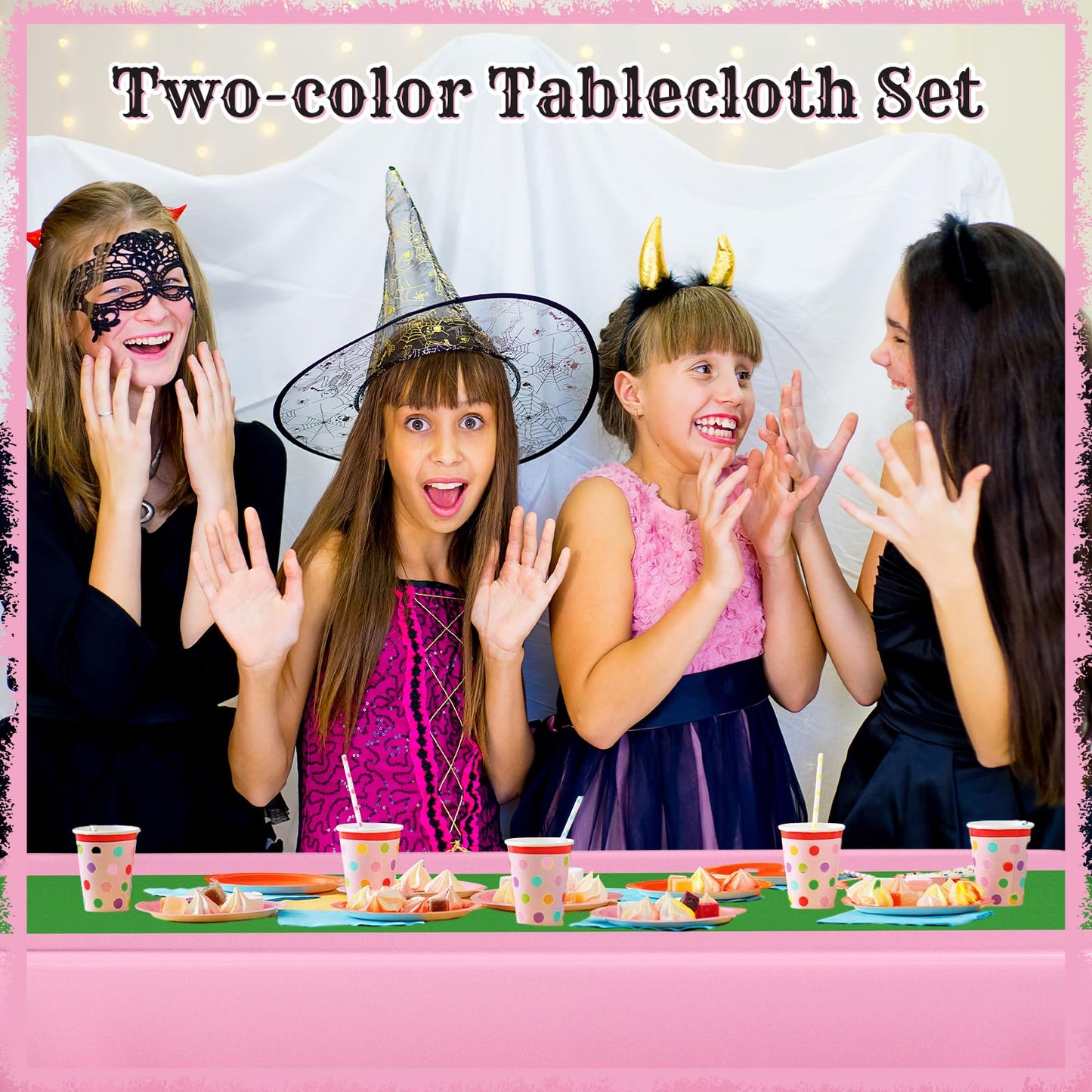 Oudain 3 Pcs Witch Princess Theme Party Pink & Green Party Tablecloth 54 x 108 Inch Plastic Rectangle Tablecloth Waterproof Tabl