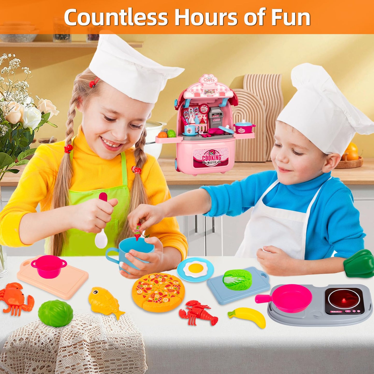 Awsoo Play Kitchen Set for Toddlers, Portable Toy Kitchen with Rolling Suitcase, Compact Size (5.9" x 10.4" x 14.37"), Plastic