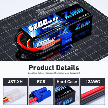 Zeee 2S 5200mAh 7.4V 50C Lipo Battery Hard Case Lipos with EC5 Plug for 1/8 1/10 RC Vehicles Car Slash RC Buggy Truggy RC Hobby(