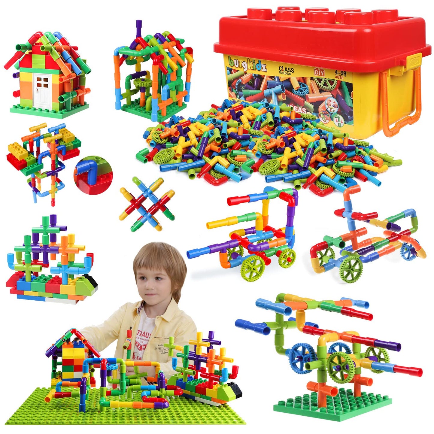 Burgkidz 426 Pieces Toy Pipe, Creative Stem Tube Locks Construction With Wheels And Mini Baseplate, Interlocking Educational Sensory Kit, Preschool Learning Toys For Boy And Girls Ages 3+