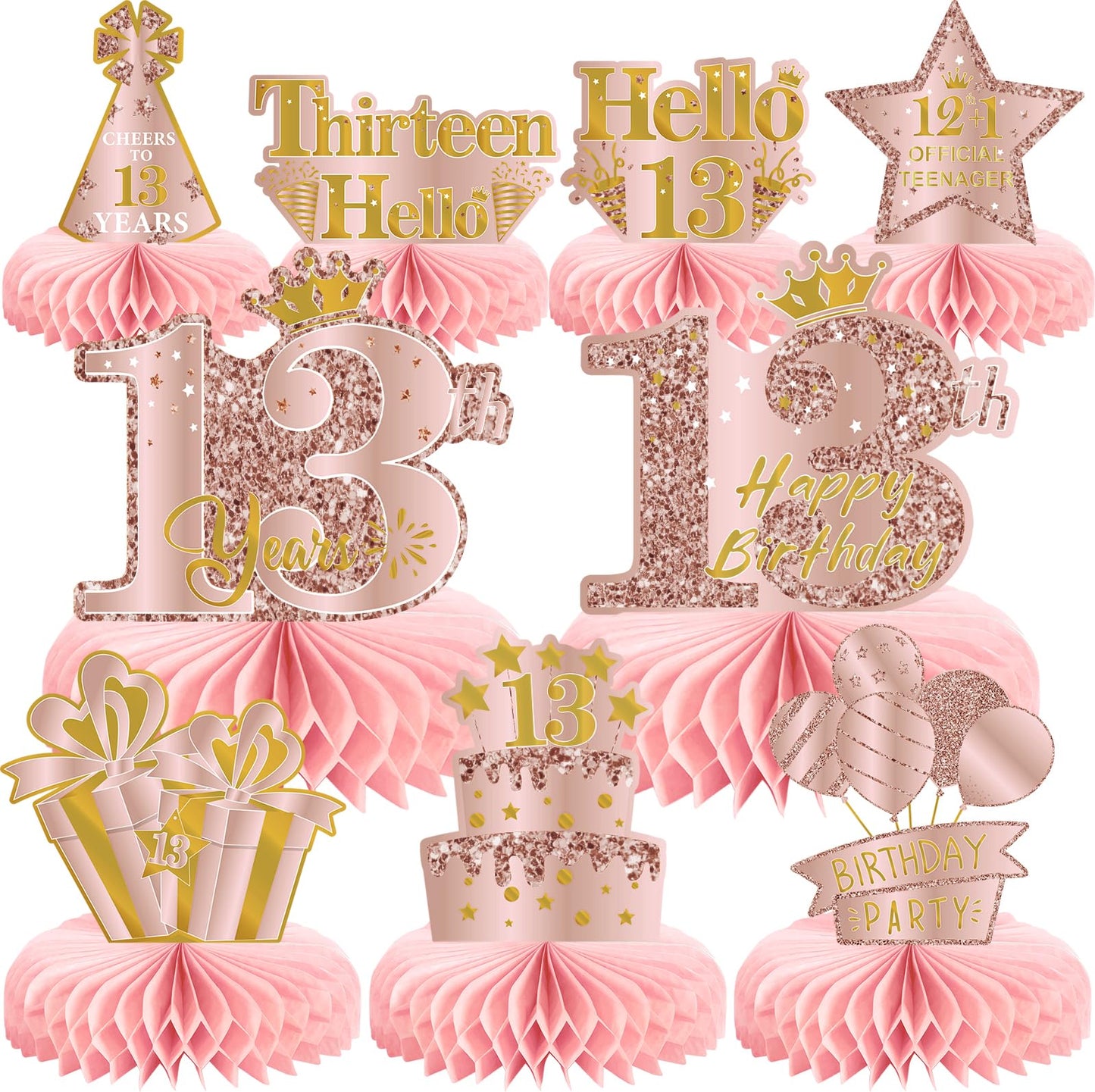 9Pcs 13Th Birthday Decorations Pink Rose Gold Honeycomb Centerpieces For Girls,Happy 13Th Birthday Table Centerpieces Party Supp