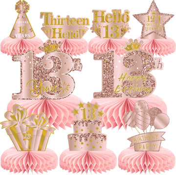 9Pcs 13Th Birthday Decorations Pink Rose Gold Honeycomb Centerpieces For Girls,Happy 13Th Birthday Table Centerpieces Party Supp