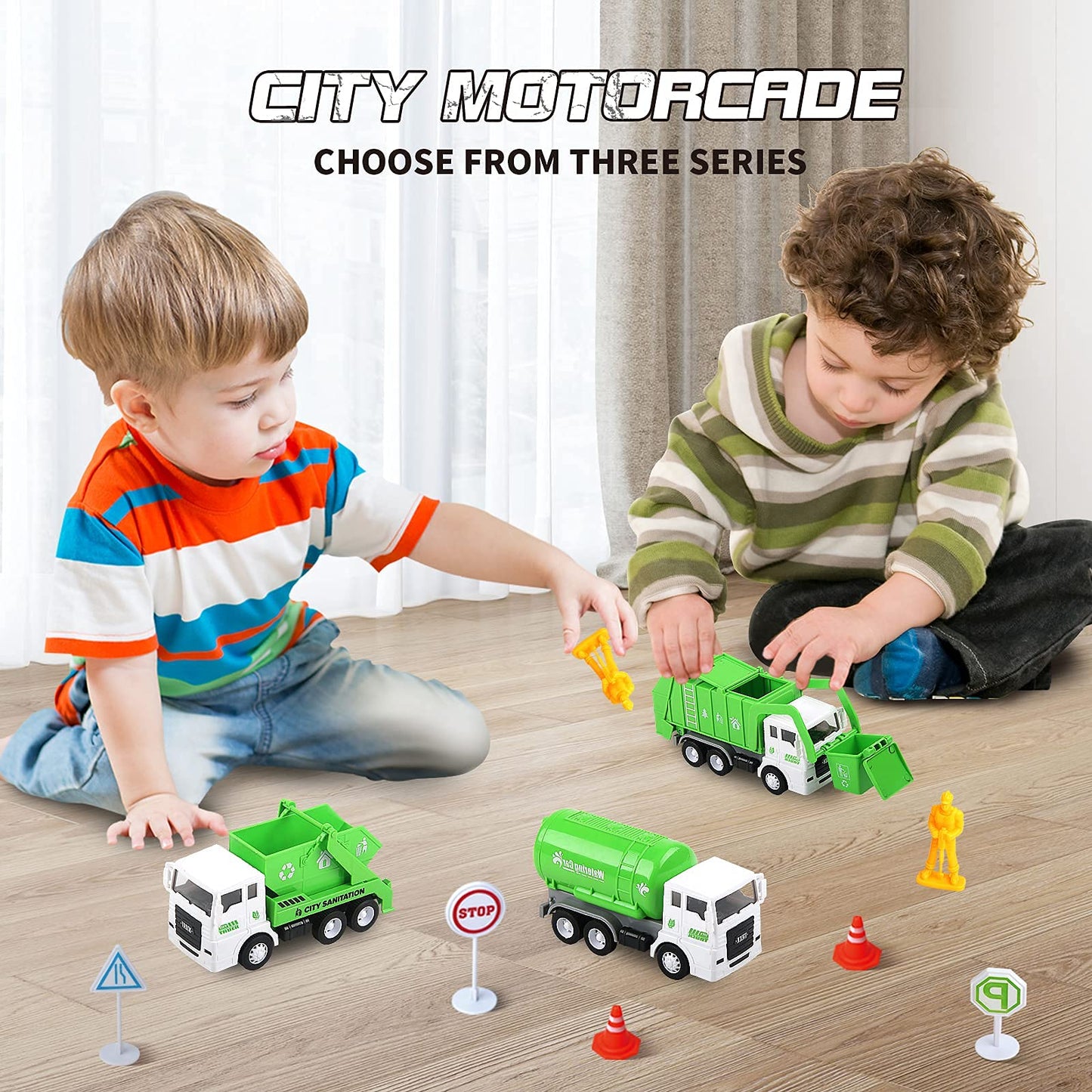 FIVEDAOGANG Toy Vehicles Set 3 Pack Sanitation Truck Car Model Garbage Trucks Water Tanker Playset with 8 Signpost Friction Powe