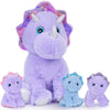 Maogolan 4 Pcs Dinosaur Stuffed Animals For Girls,Purple Stuffed Dinosaurs Plush Toys Set For Toddlers, Mummy Dinosaur With 3 Baby Triceratops Plushies, For Kids