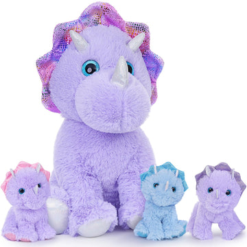 Maogolan 4 Pcs Dinosaur Stuffed Animals For Girls,Purple Stuffed Dinosaurs Plush Toys Set For Toddlers, Mummy Dinosaur With 3 Baby Triceratops Plushies, For Kids