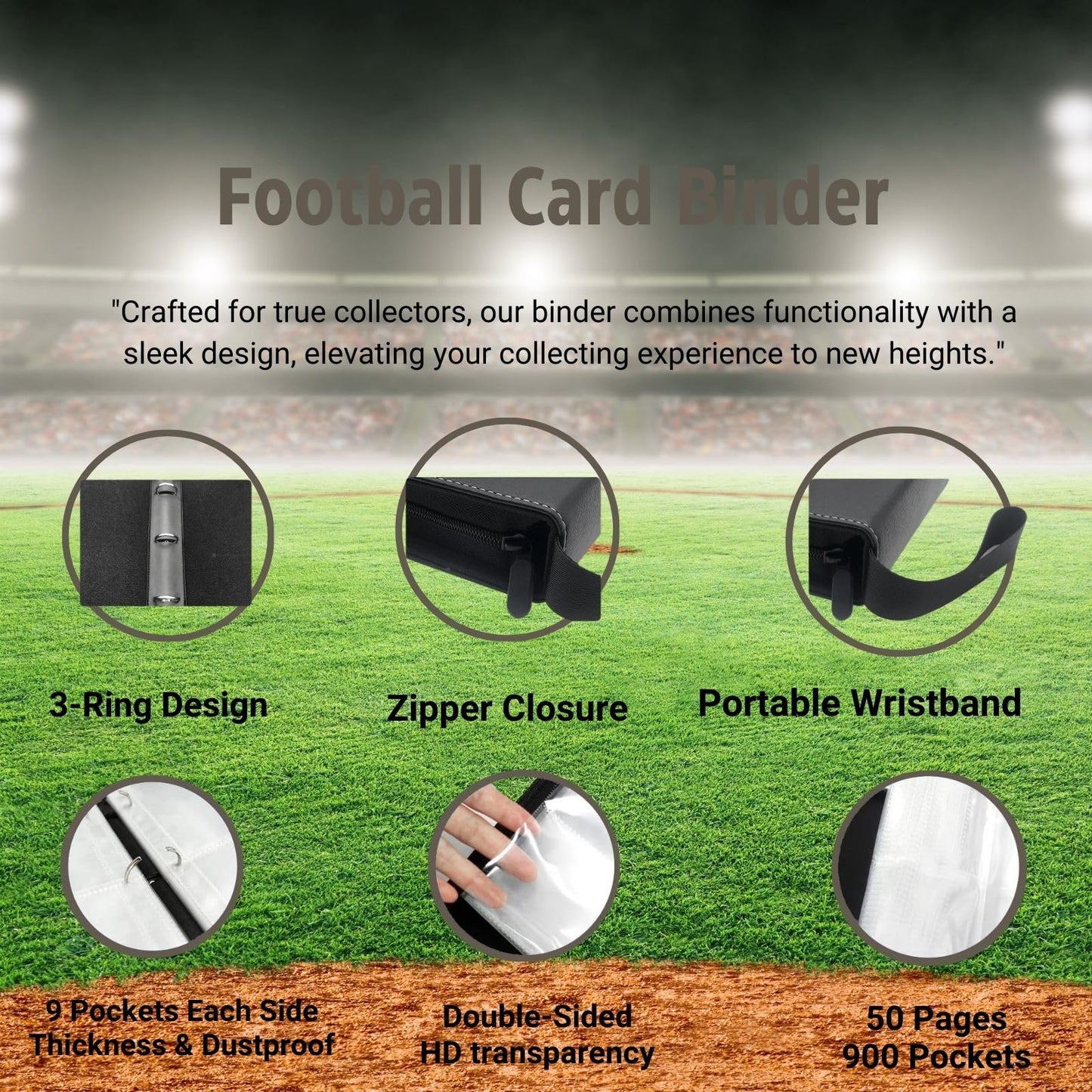 2025 Football Card Binder Trading Card Binder Holder 900 Pockets  Fits 900 Cards with 50 Removable Pages  Football Card Gifts Collector Album with Zipper Storage Display Case