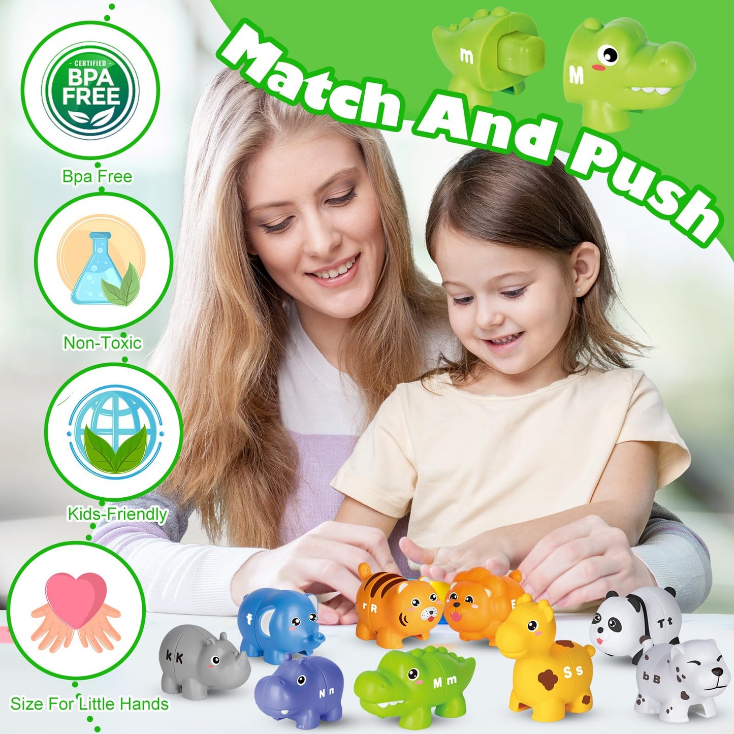 Learning Toys For 2 3 4 Year Old, 52 Pcs Abc Animal Alphabet Match Game With Uppercase Lowercase, 10 Different Animal Figures, P