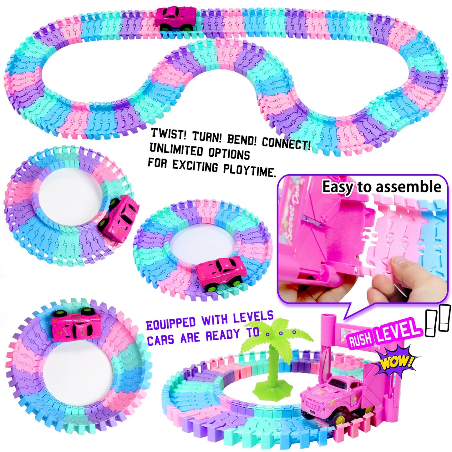 Tracks Car Toys Set For 3 4 5 6 Year Old Girls Kids,201 Pcs Rock Music Theme Flexible Tracks Car Princess Toys Pink Doll Racing
