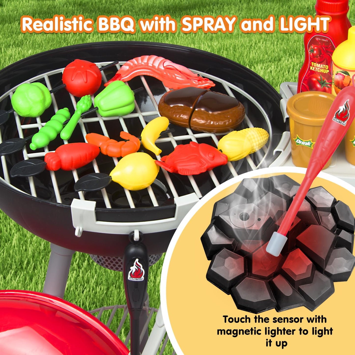 79Pcs Bbq Grill Set For Kids - Kitchen Playset With Realistic Spray, Light & Sound - Interactive Toddler Toy For Boys Girls - Ch