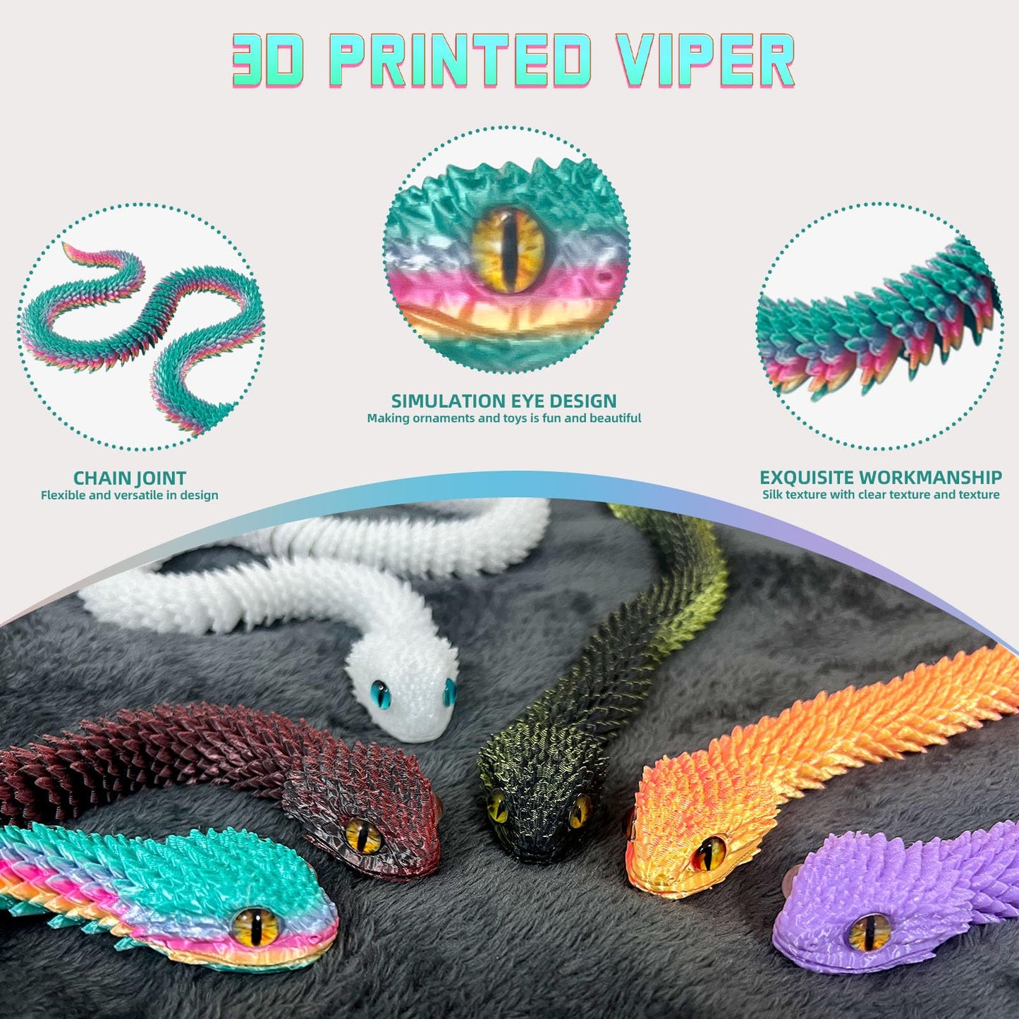 Binvin 24 In 3D Printed Animals-Snake Viper,3D Printed Snake Toys 3D Printed Articulated Snake 3D Printed Animals Animal Model O
