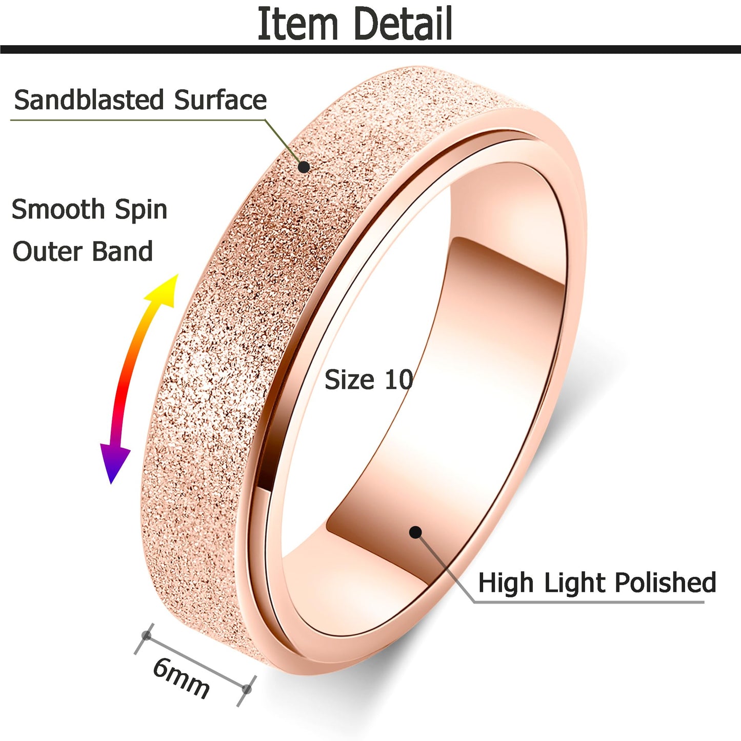 Anxiety Ring For Women Fidget Spinner Ring Fidget Toys Adults Titanium Stainless Steel Thumb Ring Rose Gold Size 9 6Mm Wide