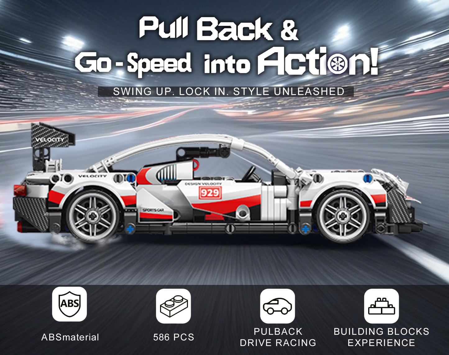 Sosuy Building-Block Race-Car Set  1:18 Technical Model Kit 586 Pcs DIY White Pull-Back Toy for Boy Girl Kid Age 6+ Year  Birthday Gift for Teen mature-themed Display  Speed Super Sports Cars Bricks Icons