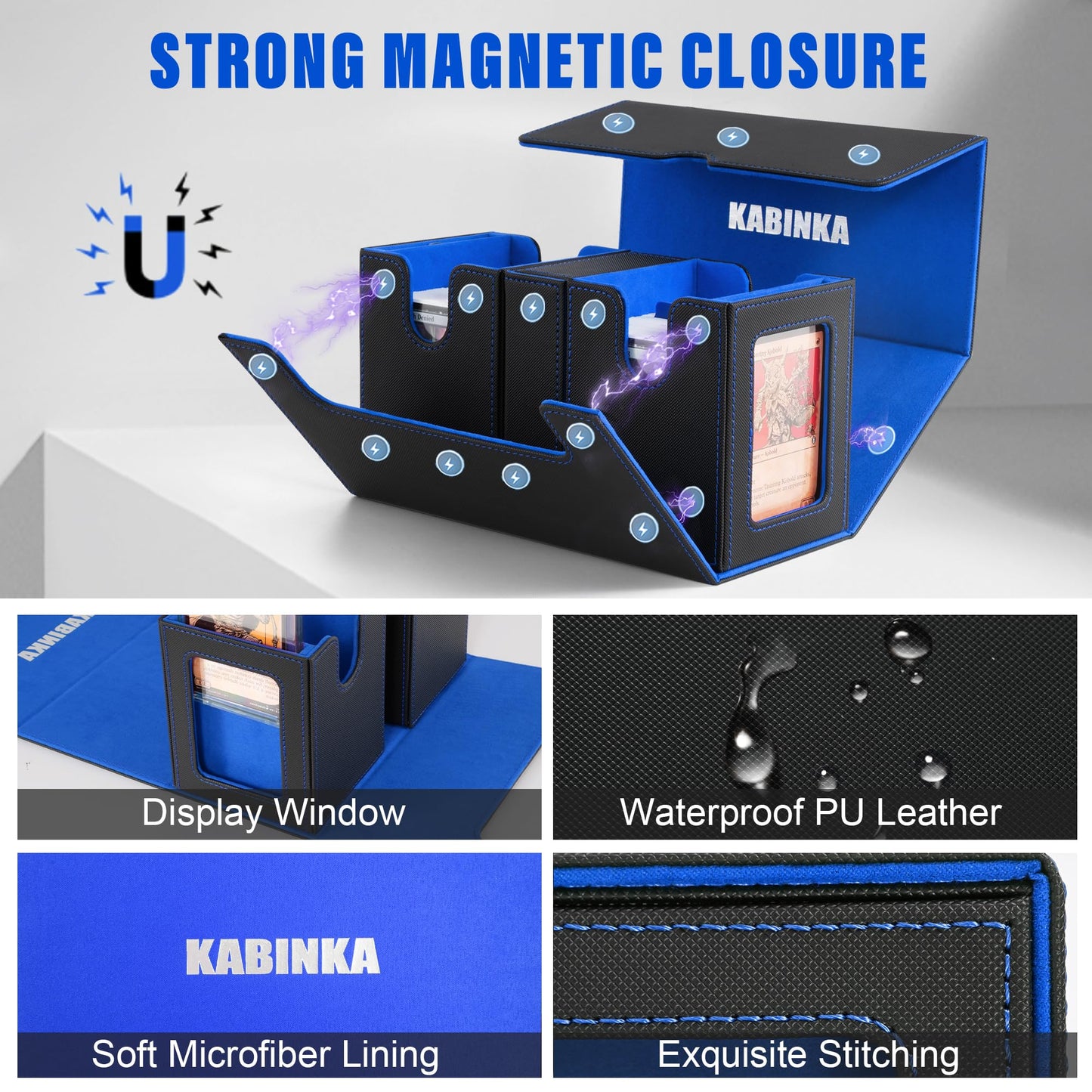 Kabinka Deck Box for MTG with Commander Display  3 in 1 Trading Card Storage Box Fit 200 Double-sleeved Cards  Removable Deck Case for TCG/Sports Cards with 2 Magnetic Card Holders (Black Blue)