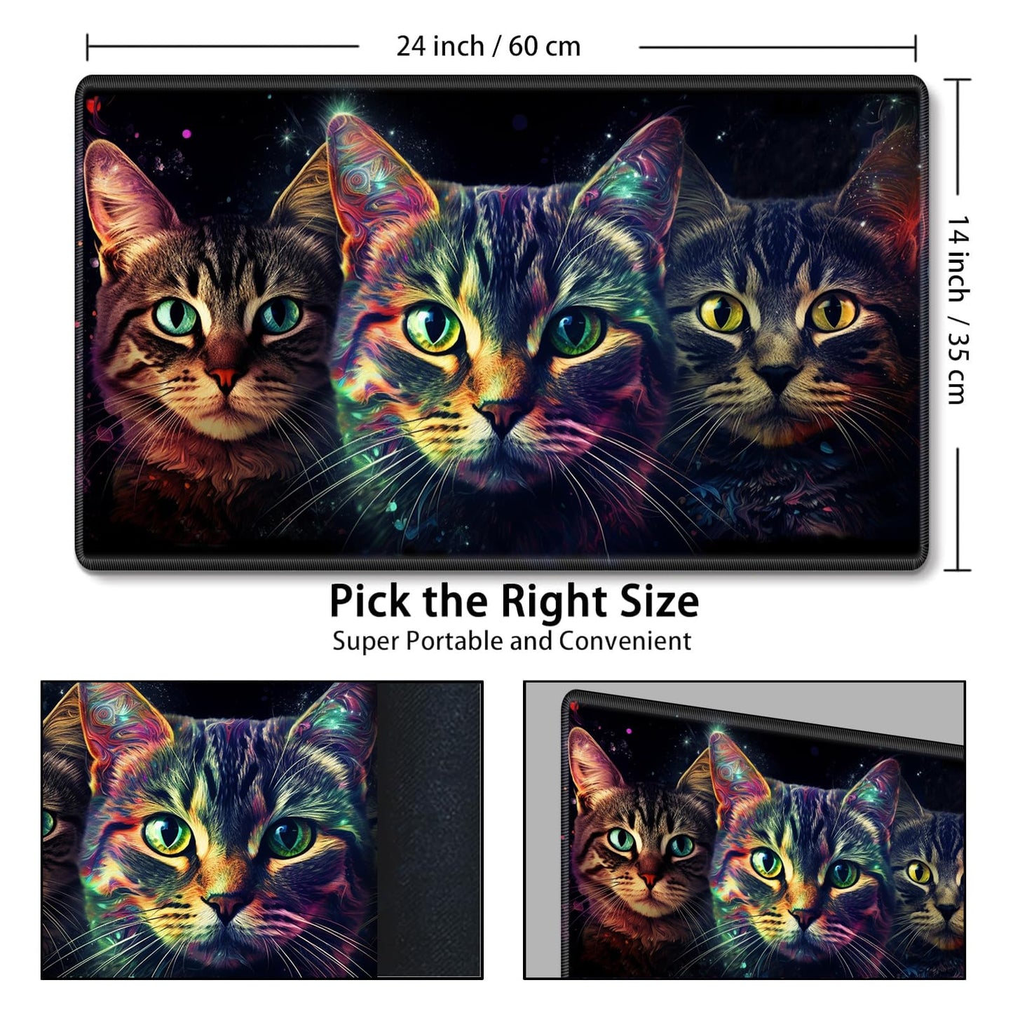 MTG Playmat Game Play Mat for MTG TCG 24 x 14 inches Cards Game Playmats Trading Card Game Stitched Play Mats Commander Deck Gaming Desk Mat Card Gameplay Mats Three Cute Cats