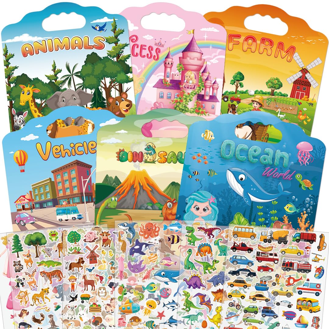 6Set Reusable Sticker Books For Kids,Puffy Sticker Books For Kids,Sticker Books For Toddlers 2-4,Toddler Sticker Books For Girls