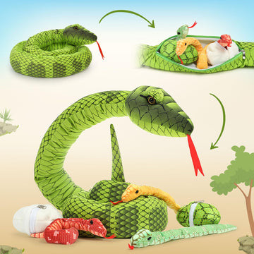 Morismos Giant Snake Stuffed Animal Mommy With Babies, Realistic Stuffed Snakes Plush Toy, 80' Long Green Boa Constrictor For Kids, Girls, Boys, Halloween, 3 Snake Babies, 2 Snake Eggs