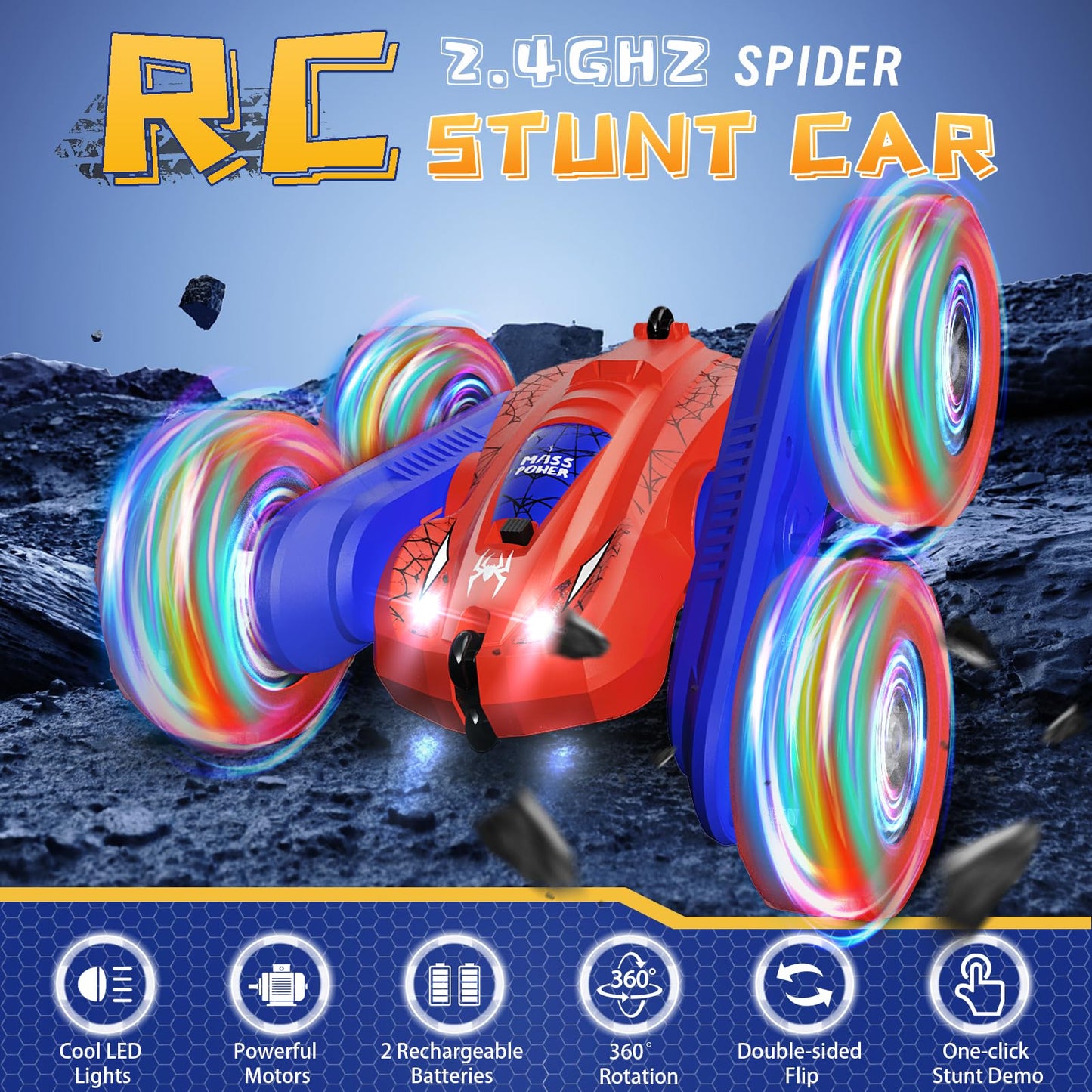 Spider RC Cars Double-Sided Driving 360 Flips Rotating 4WD with Lights for Kids Ages 4-7 8-12 Year Old, Remote Control Stunt Car