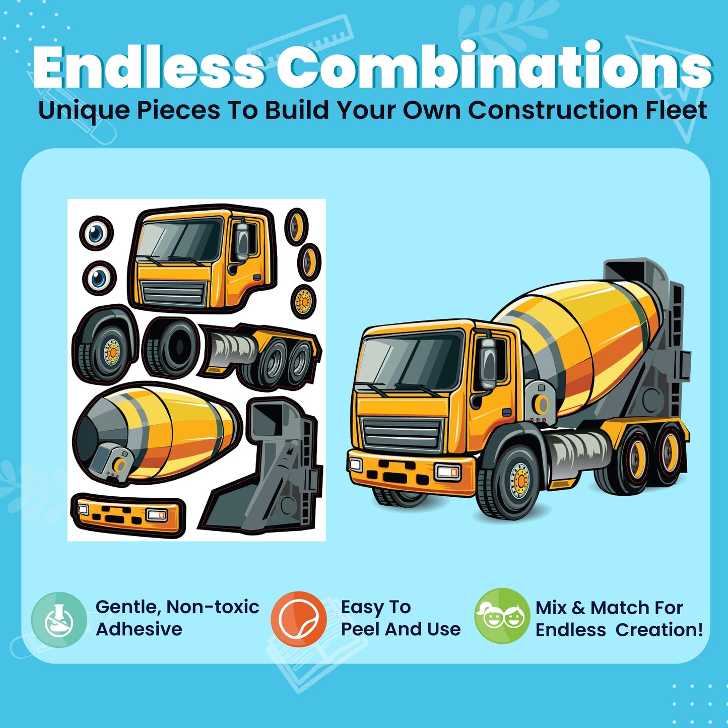 24 Make A Construction Truck Stickers for Kids - Create Your Own Escavator, Dump Truck, Cement Mixer, Roller, Front Loader, & Fo