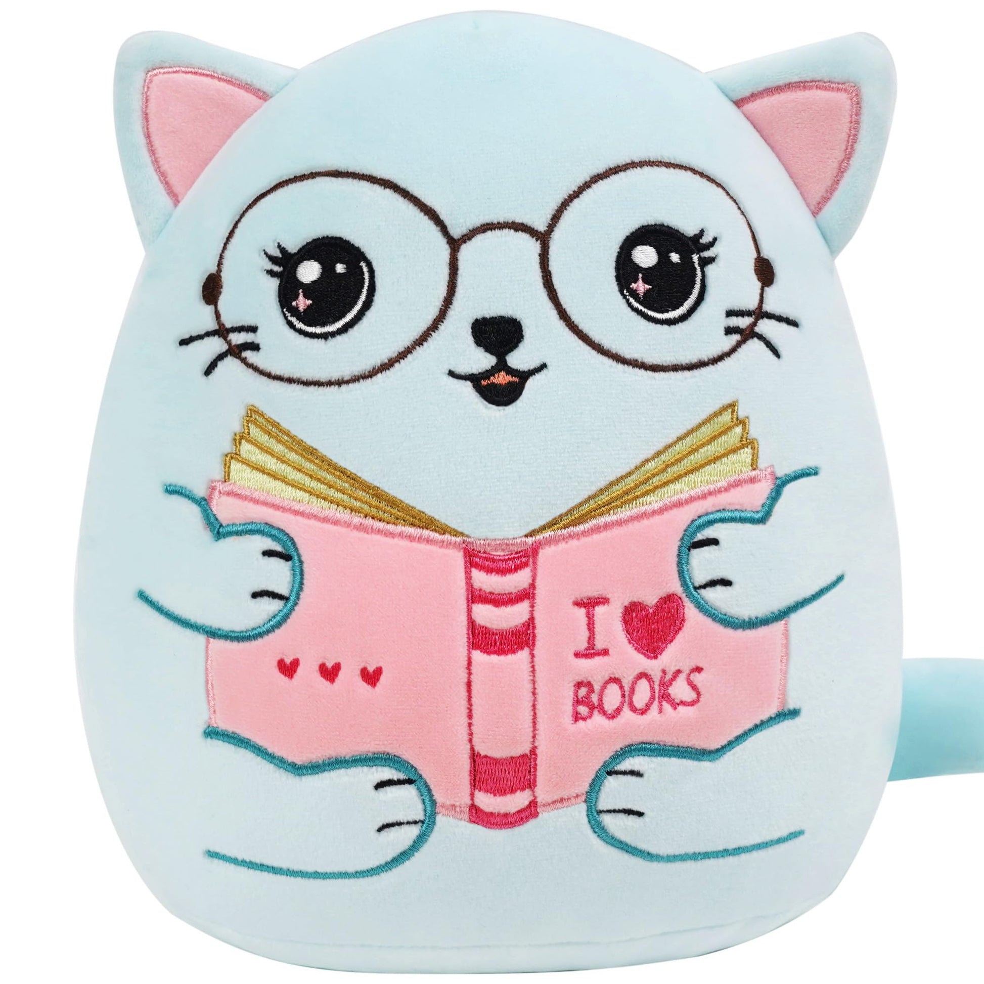SEAOPOP Cute Cat Stuffed Animal: 8 Inch Blue Cat Book Lover Gifts Soft Reading Buddies Plush Toy  Plushie Pillow Gifts for Kids Girls Boys  Bookworm Classroom Decor