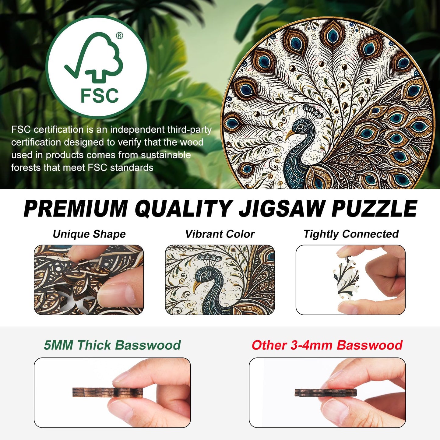 Peacock Wooden Puzzles for mature-themeds  300pcs Wooden Jigsaw Puzzles for mature-themeds  Peacock Unique Shaped Jigsaw Puzzles Creative Gift for Friend Family Game Large Size 15'' x 15''