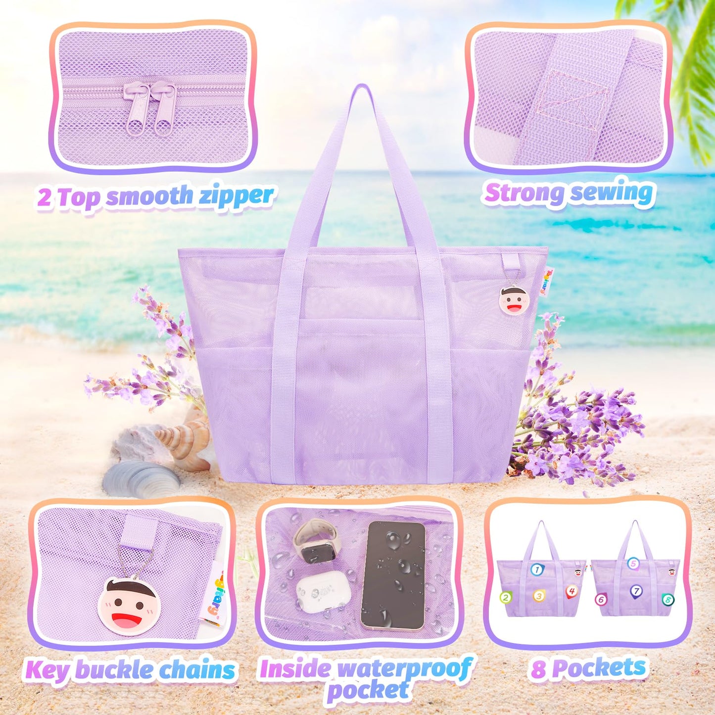 Tagitary Beach Toys Mesh Beach Bag with Zipper and 8 Pockets, Purple Large Beach Tote Waterproof Sandproof for Camping Sports Po