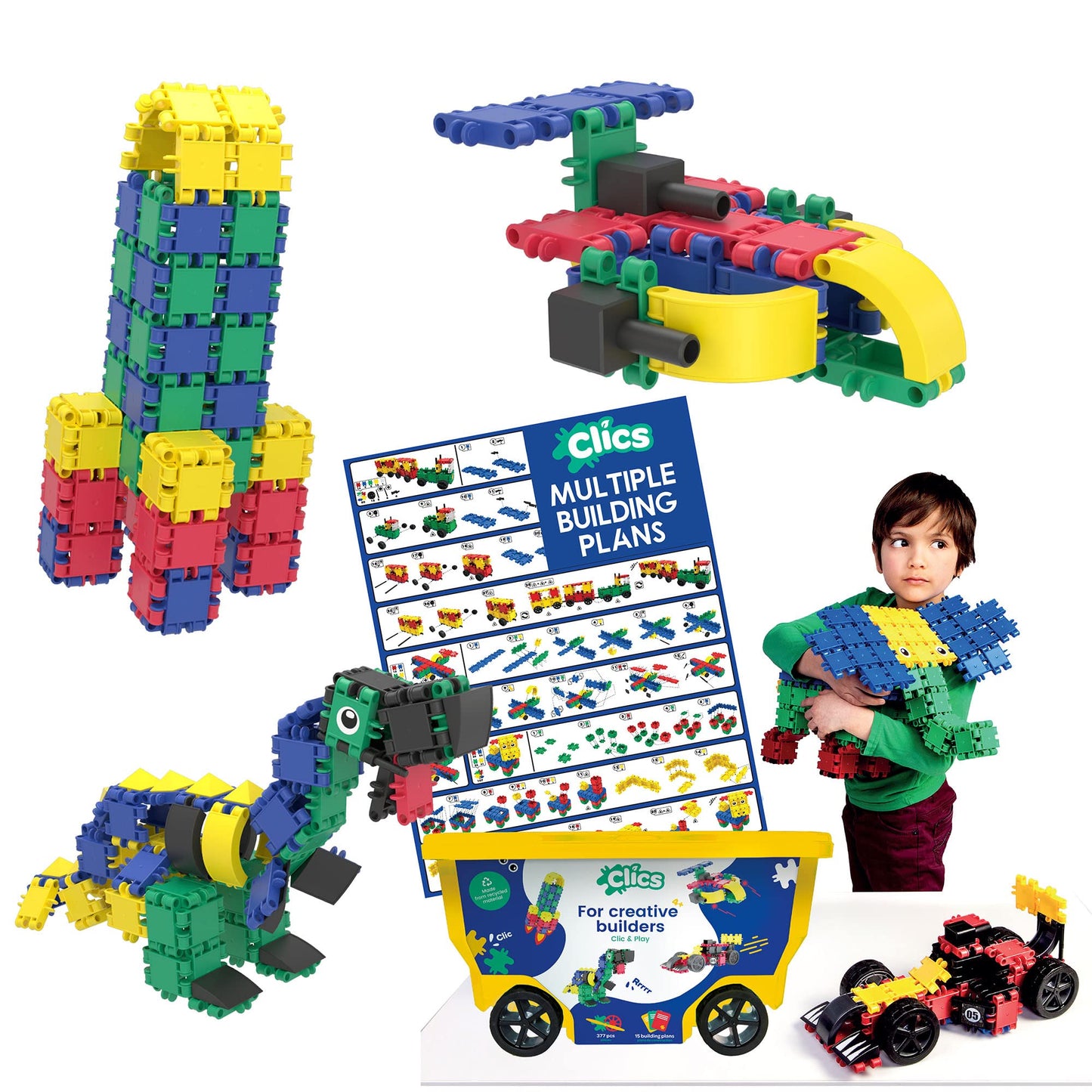 Clics Basic Set Of 377 Pieces, Construction Toys For 3 Year Old Boys And Girls, Rollerbox Of Blocks To Learn Shapes And Colors,