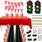Race Car Party Supplies - 12 Traffic Cones With Holes on Top, 24 Checkered Flags, Checkered Race Car Party Tablecloth, Wheel Tir
